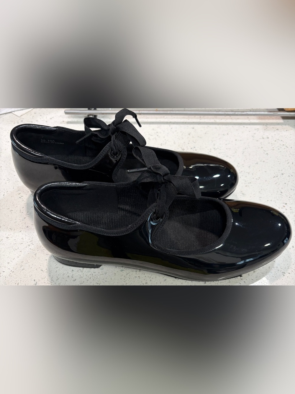 Women’s Black Tap Shoes Patent with Ribbon Tie *worn once*!